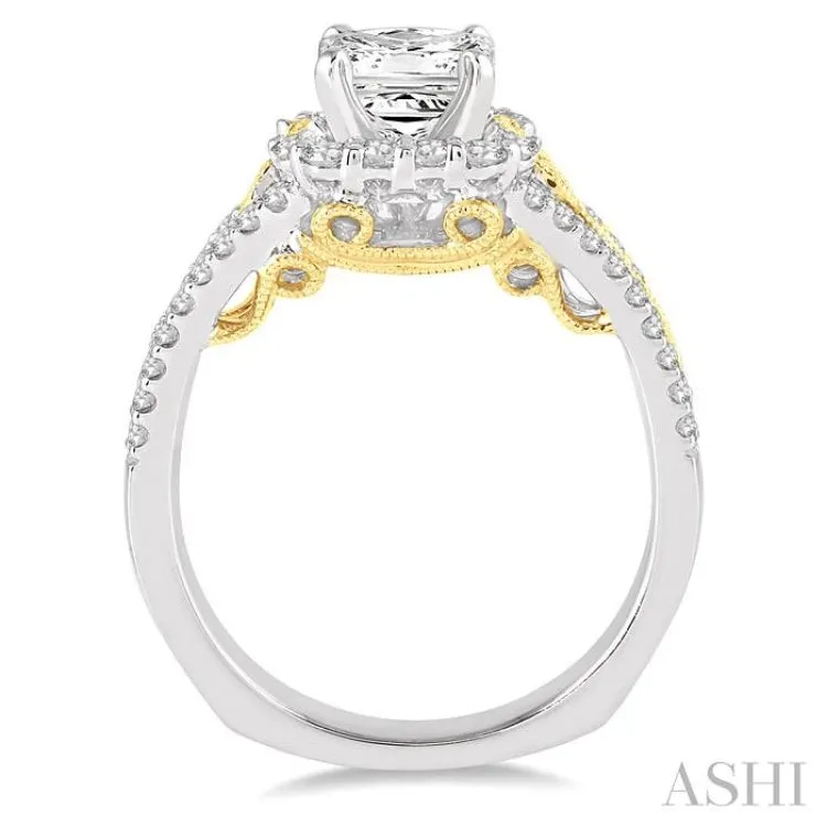 1 Ctw Diamond Engagement Ring with 1/2 Ct Princess Cut Center Stone in 14K White and Yellow Gold