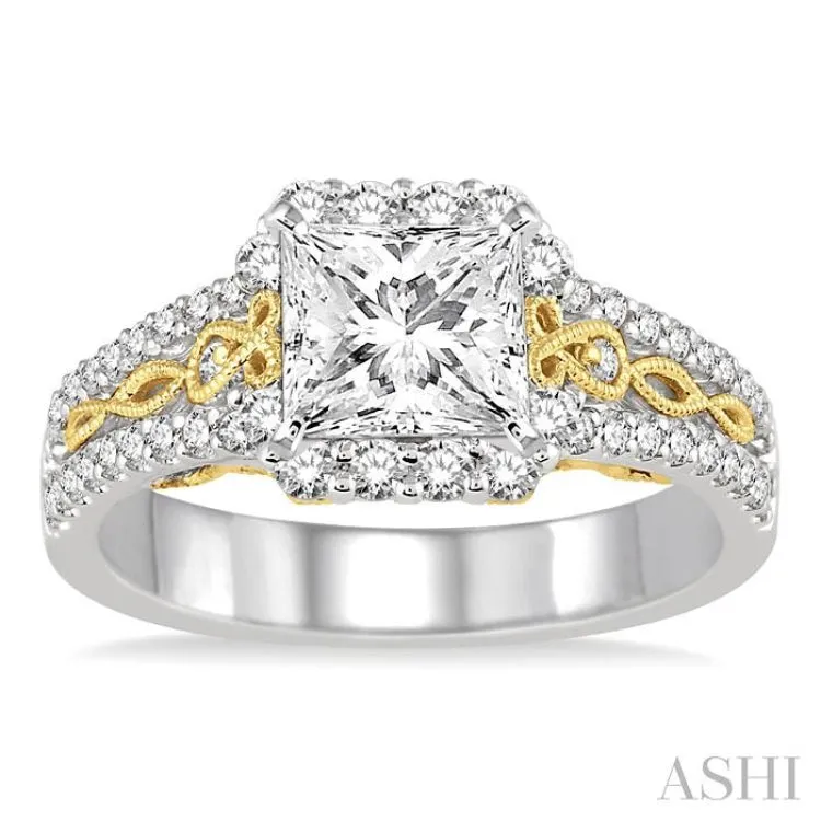 1 Ctw Diamond Engagement Ring with 1/2 Ct Princess Cut Center Stone in 14K White and Yellow Gold