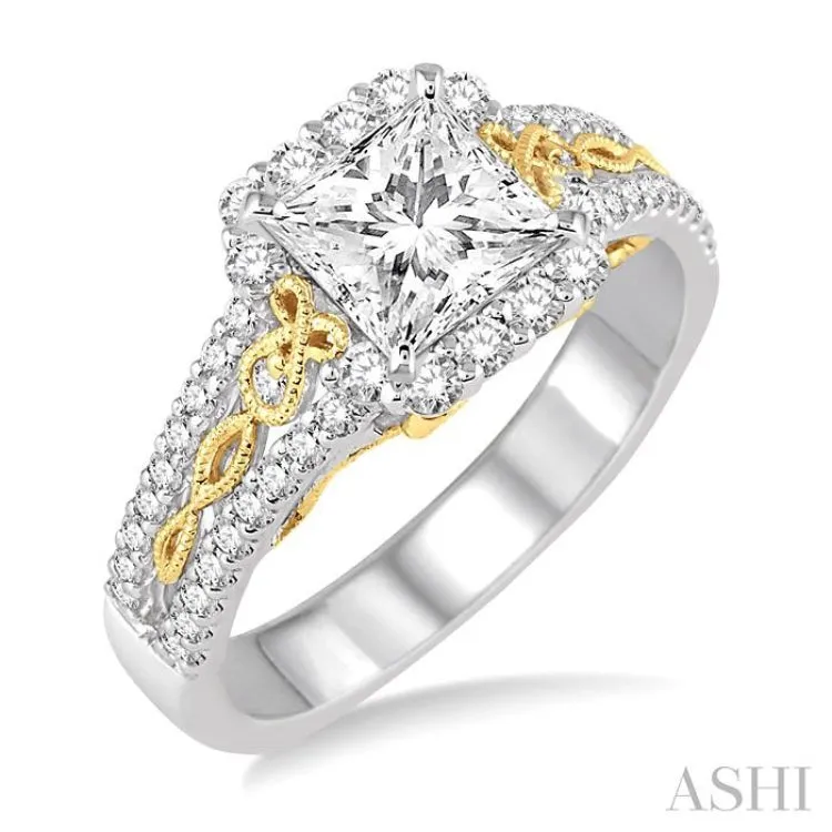 1 Ctw Diamond Engagement Ring with 1/2 Ct Princess Cut Center Stone in 14K White and Yellow Gold