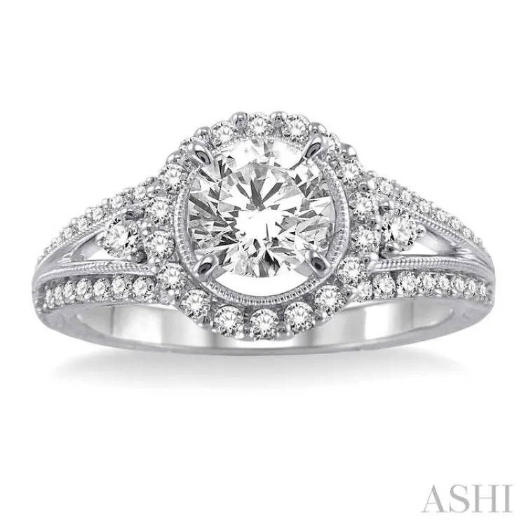 1 Ctw Diamond Engagement Ring with 1/2 Ct Round Cut Center Stone in 14K White Gold