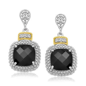 18k Yellow Gold & Sterling Silver Onyx & Diamond Earrings .05cttw