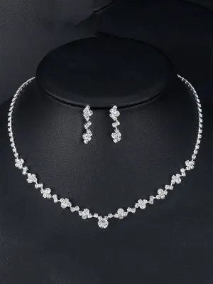 3pcs Fashionable Elegant Shiny Rhinestone Necklace And Earrings Set, Bridal Jewelry Women Wedding Dress Accessories