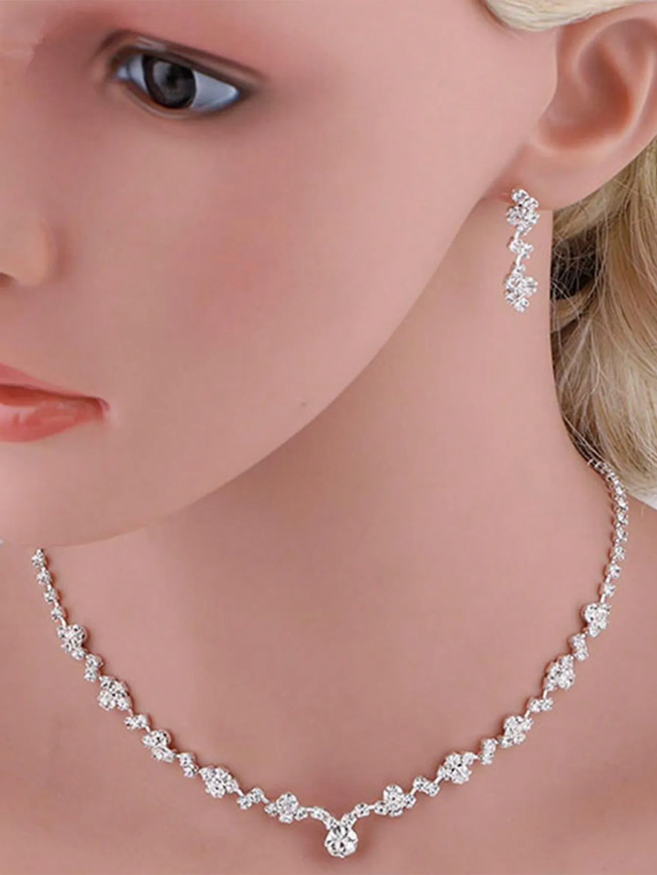 3pcs Fashionable Elegant Shiny Rhinestone Necklace And Earrings Set, Bridal Jewelry Women Wedding Dress Accessories