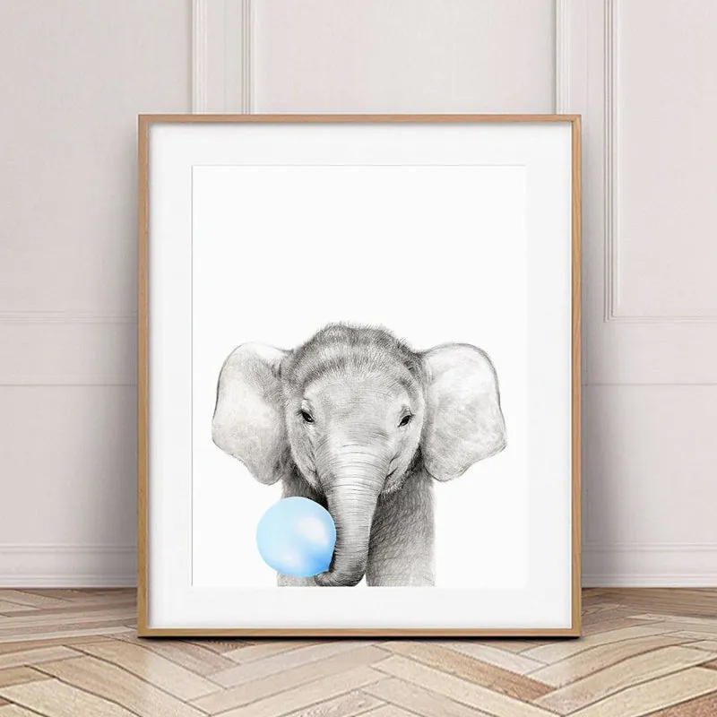 6pcs Whimsical Animal Posters: Adorable Blue Bubble Gum Wall Decors for Baby and Kids' Rooms