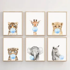 6pcs Whimsical Animal Posters: Adorable Blue Bubble Gum Wall Decors for Baby and Kids' Rooms