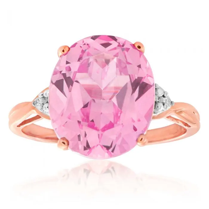 9ct Rose Gold Created Peach Sapphire & Diamond Oval Ring