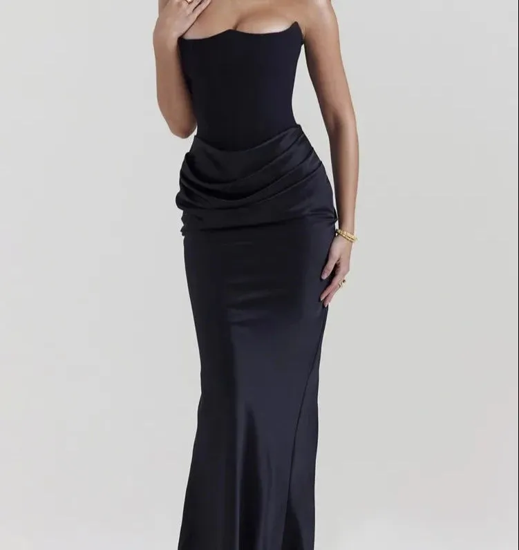 A&A Luxe Elegant Satin Strapless Draped Corset Maxi Dress