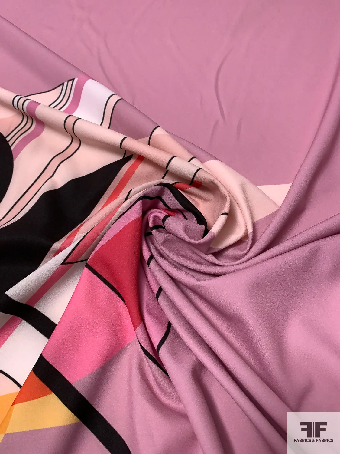 Abstract Geometric Collage Printed Lightweight Polyester Crepe with Mechanical Stretch - Light Mauve / Blush / Pink / Black