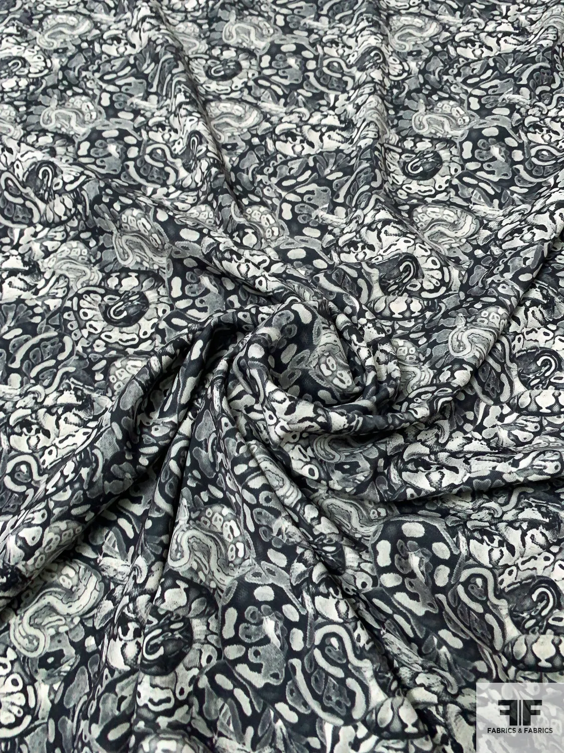 Abstract Printed Polyester Crepe-Twill with Mechanical Stretch - Greys / Black