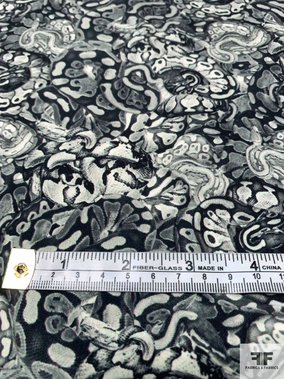 Abstract Printed Polyester Crepe-Twill with Mechanical Stretch - Greys / Black