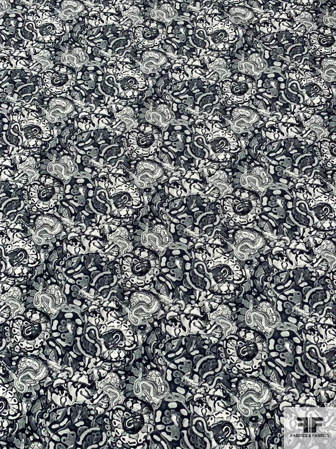 Abstract Printed Polyester Crepe-Twill with Mechanical Stretch - Greys / Black