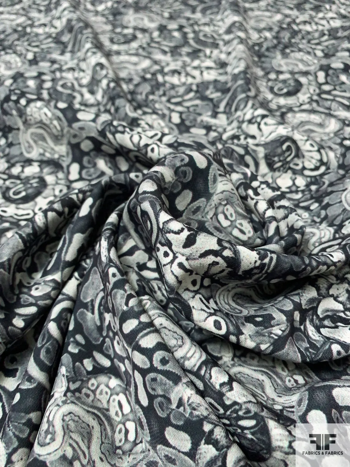 Abstract Printed Polyester Crepe-Twill with Mechanical Stretch - Greys / Black