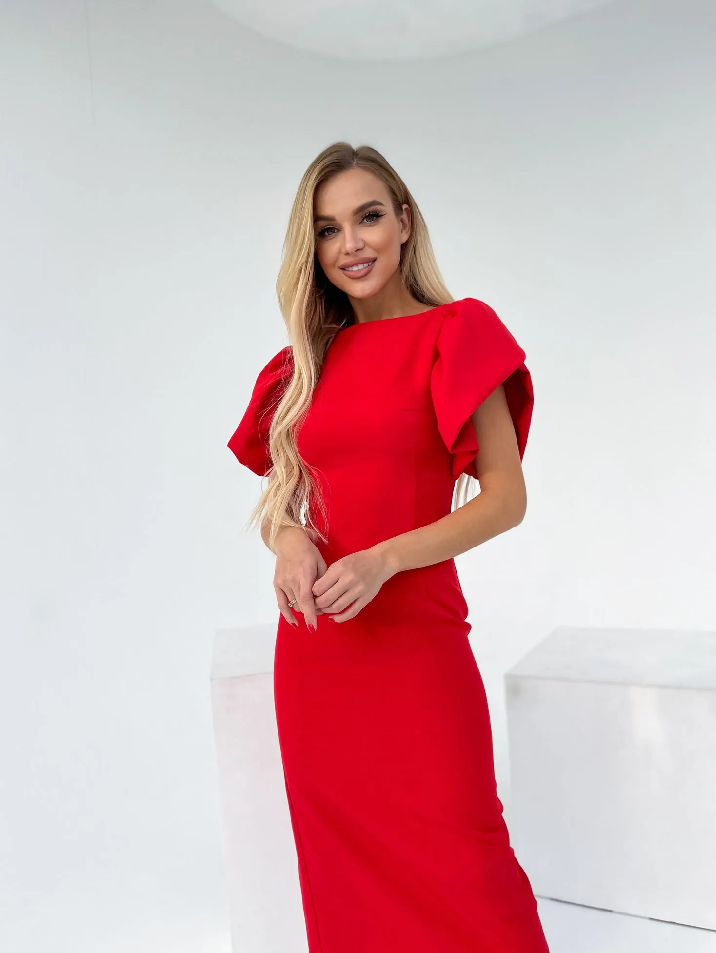 Alexa Red Puff Sleeve Midi Dress