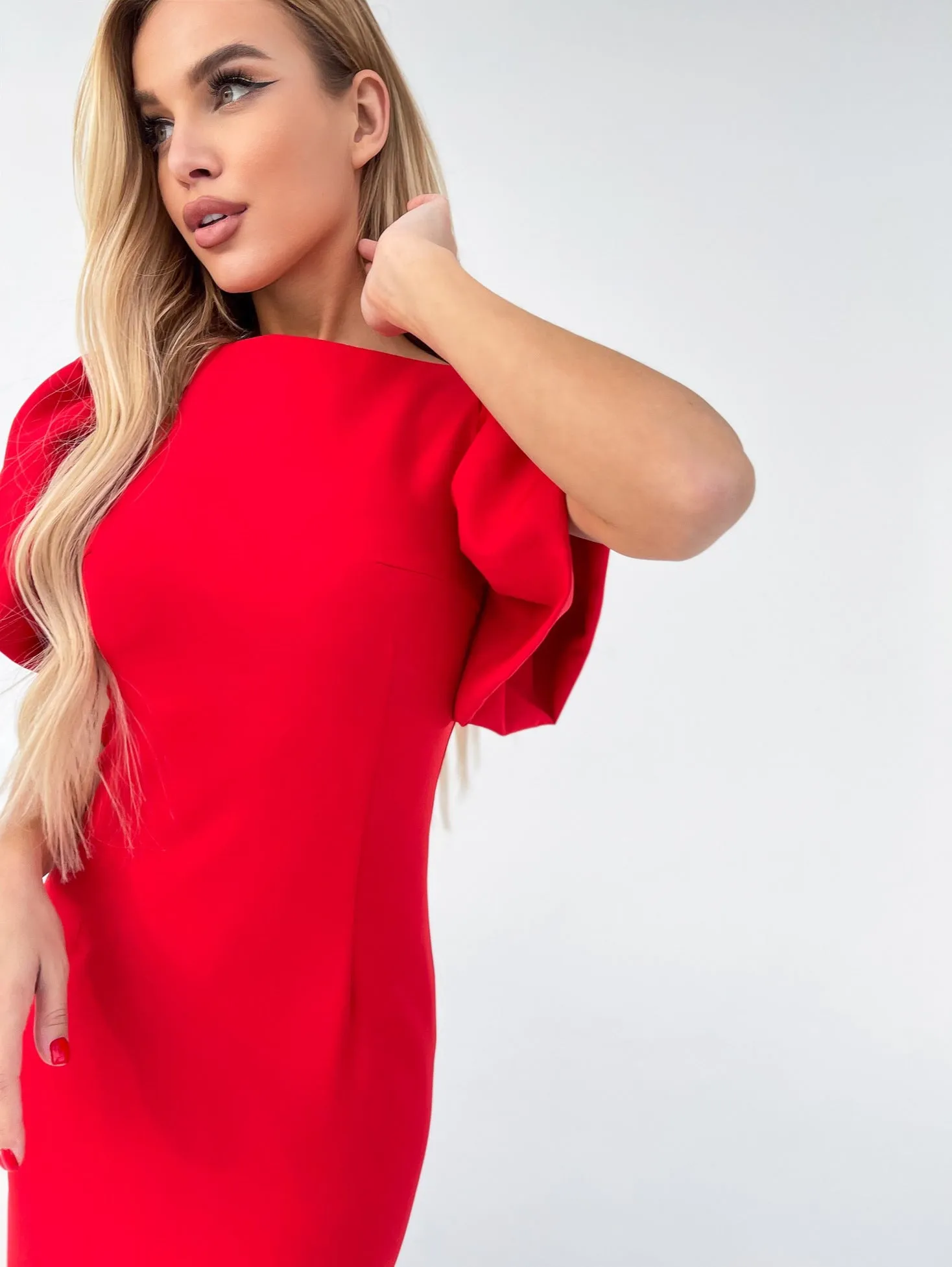 Alexa Red Puff Sleeve Midi Dress