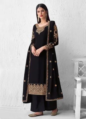 Alluring Black Embroidered Georgette Palazzo Suit