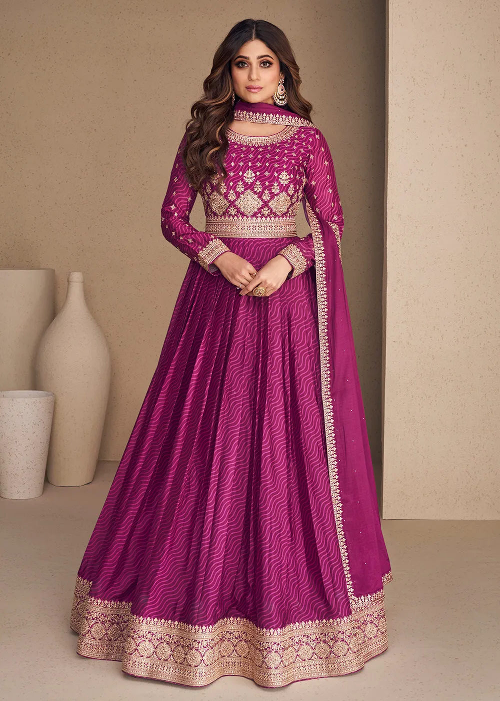 Alluring Chinon Silk Purple Embroidered Engagement Wear Anarkali