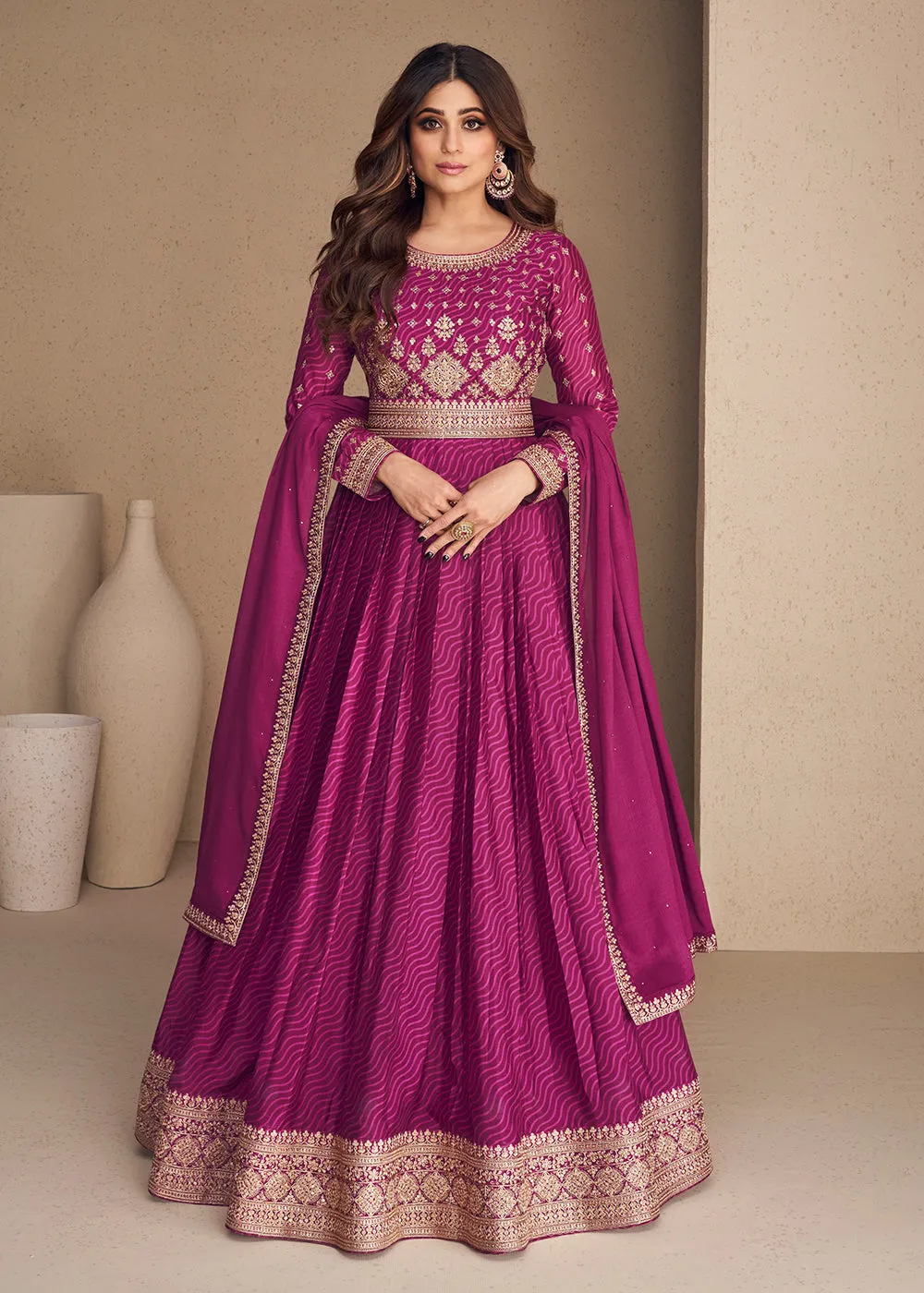 Alluring Chinon Silk Purple Embroidered Engagement Wear Anarkali