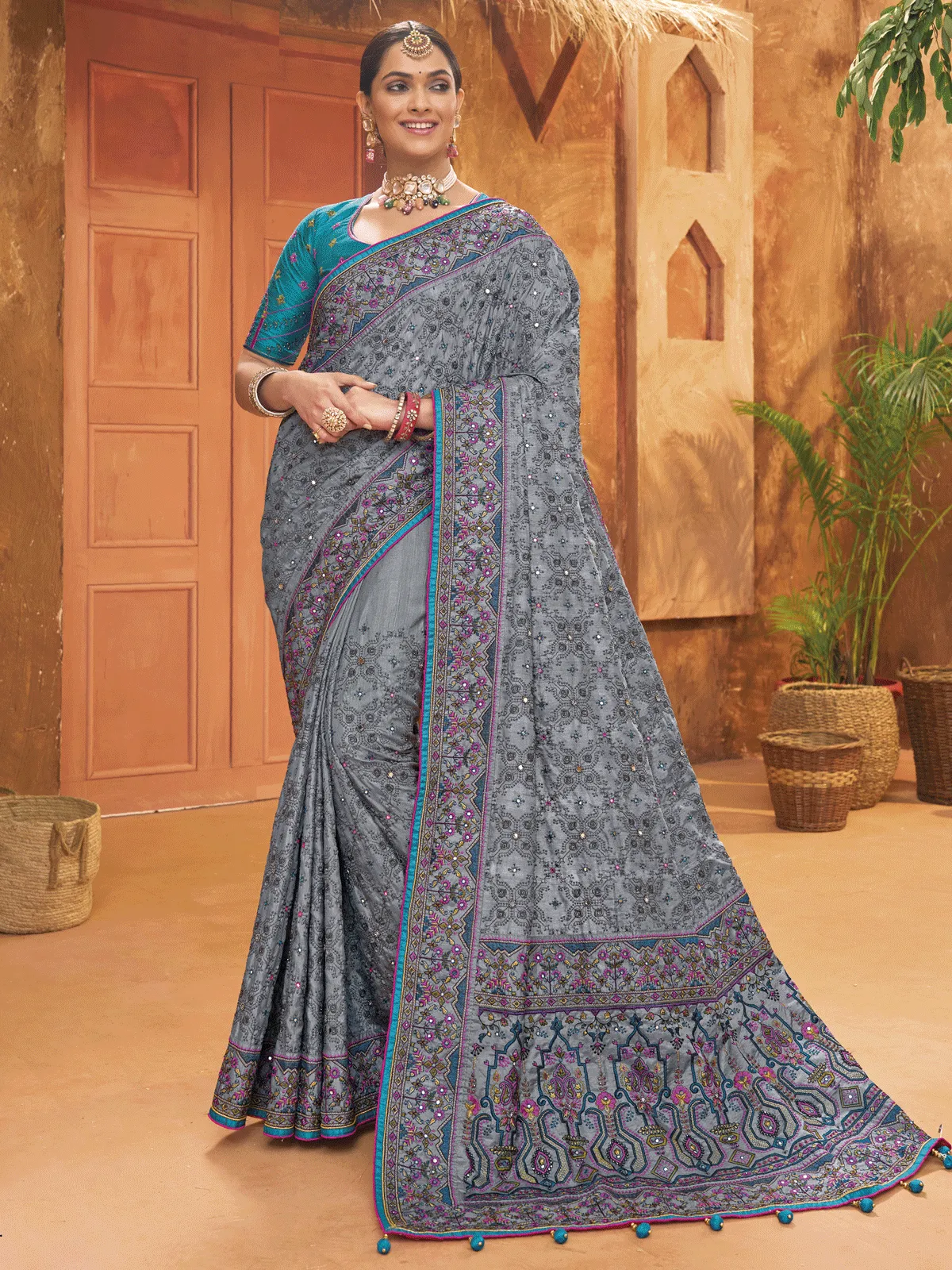 Alluring Grey Mirror Work Banarasi Silk Traditional Saree With Blouse