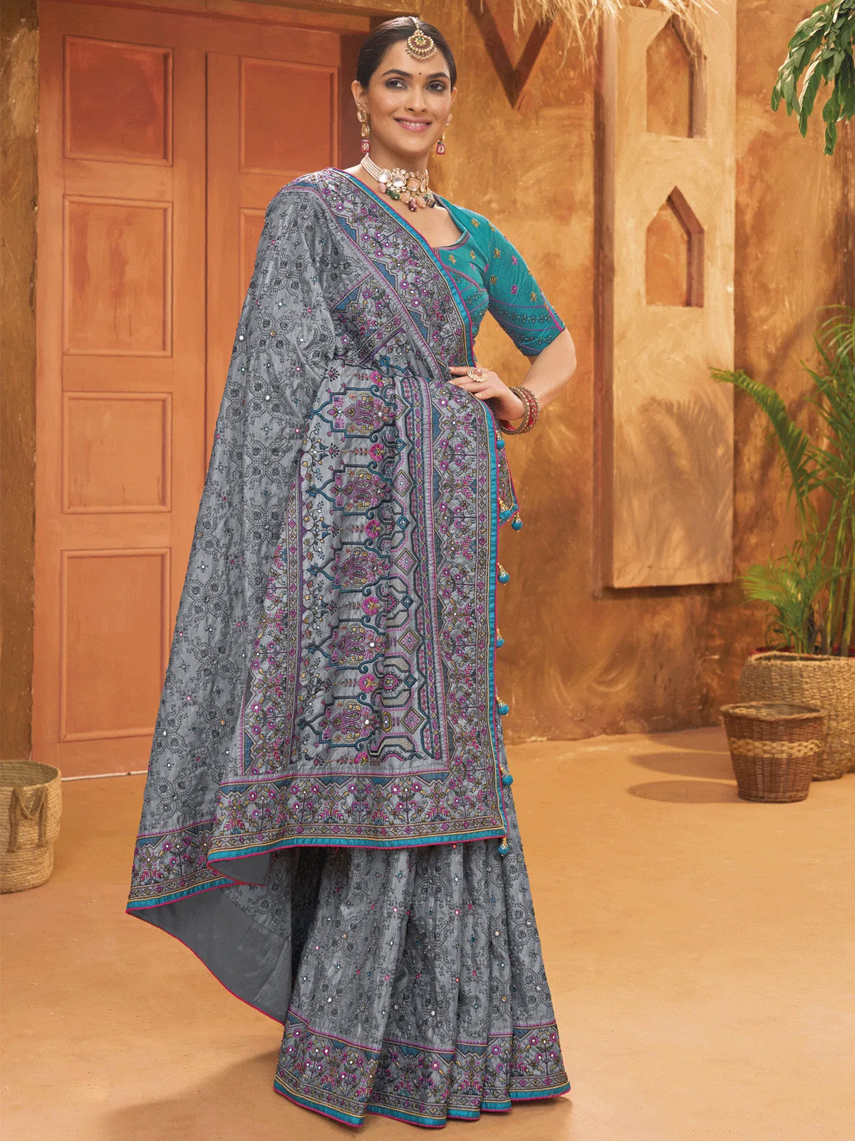 Alluring Grey Mirror Work Banarasi Silk Traditional Saree With Blouse