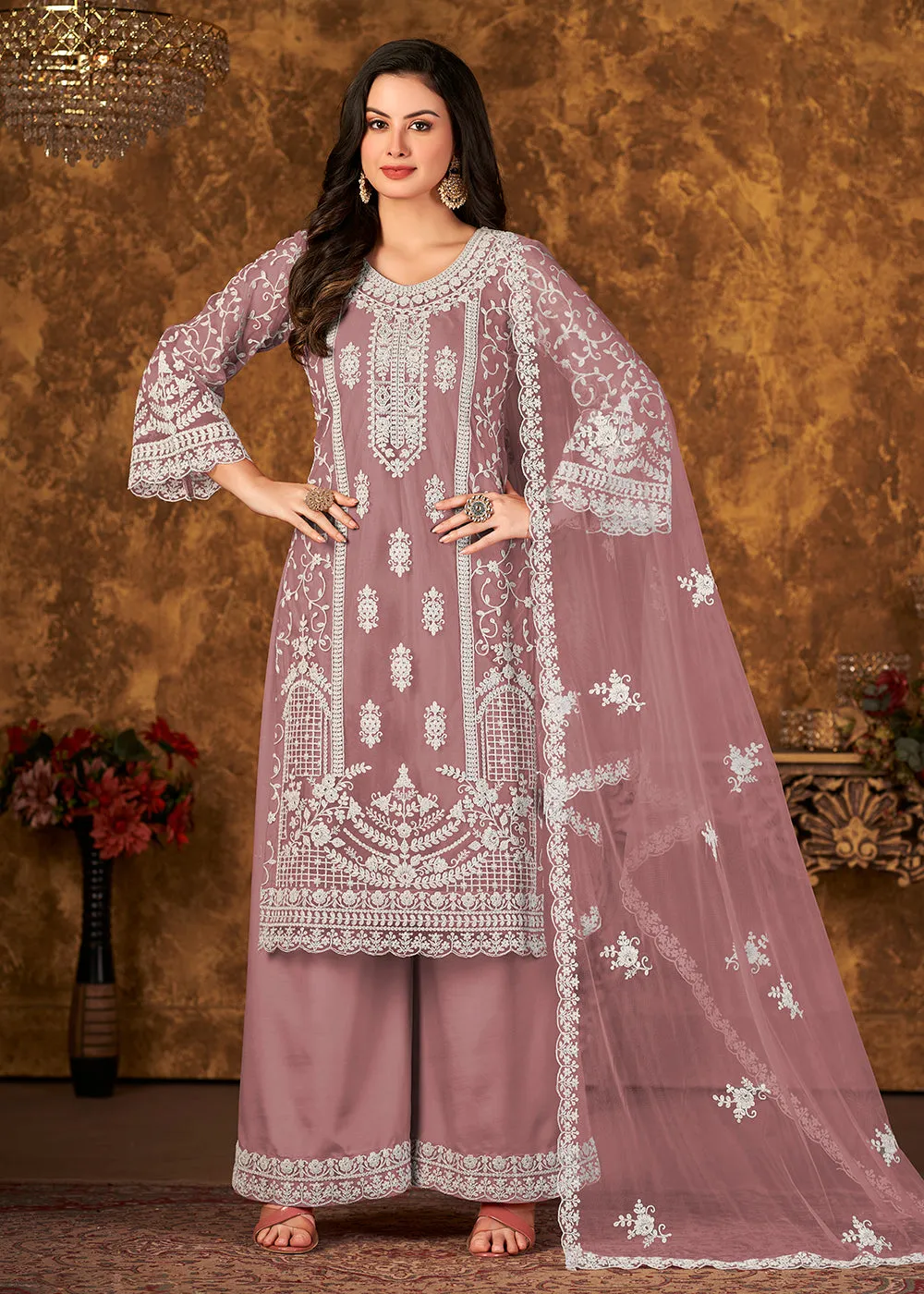 Alluring Mauve Cording Embroidered Net Palazzo Suit