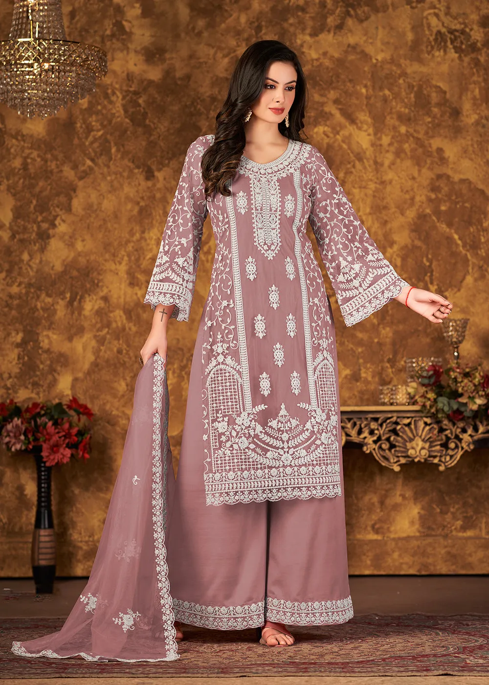 Alluring Mauve Cording Embroidered Net Palazzo Suit