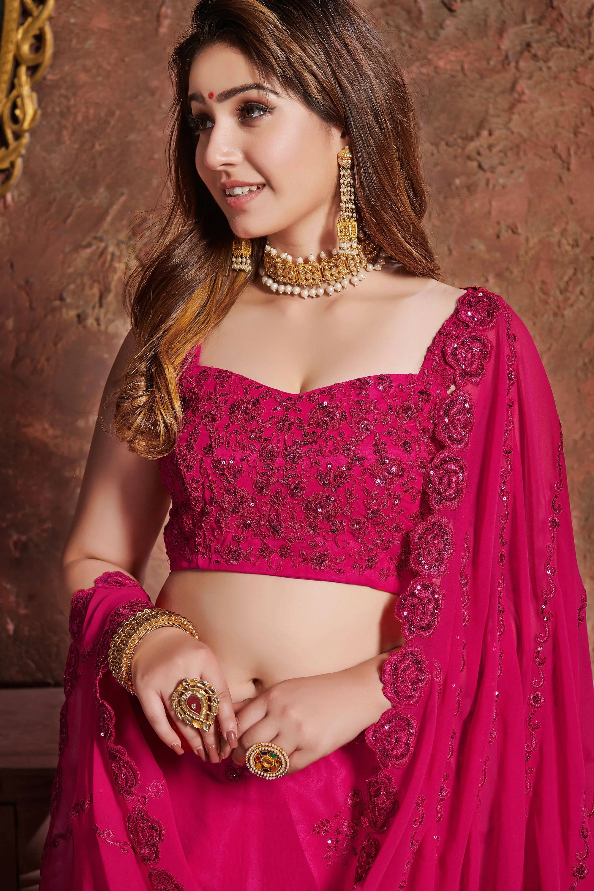 Alluring Pink Sequins Embroidered Georgette Wedding Lehenga Choli