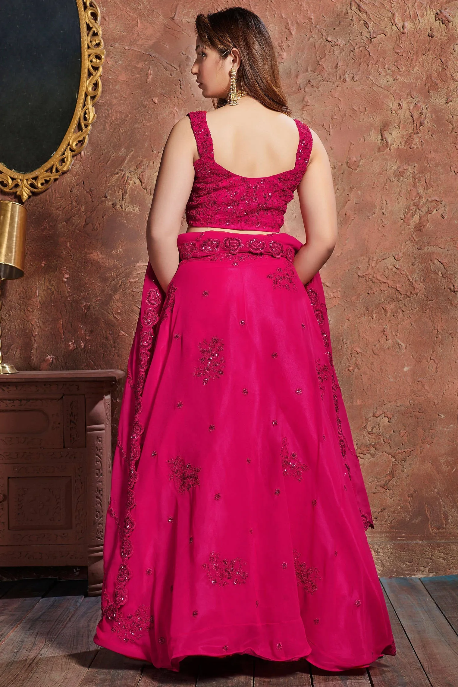 Alluring Pink Sequins Embroidered Georgette Wedding Lehenga Choli