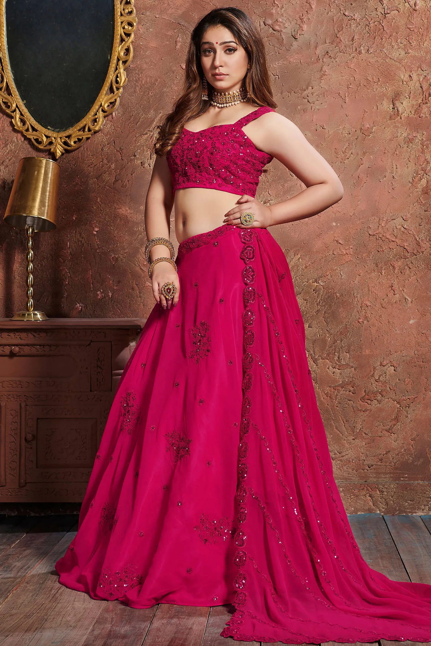 Alluring Pink Sequins Embroidered Georgette Wedding Lehenga Choli