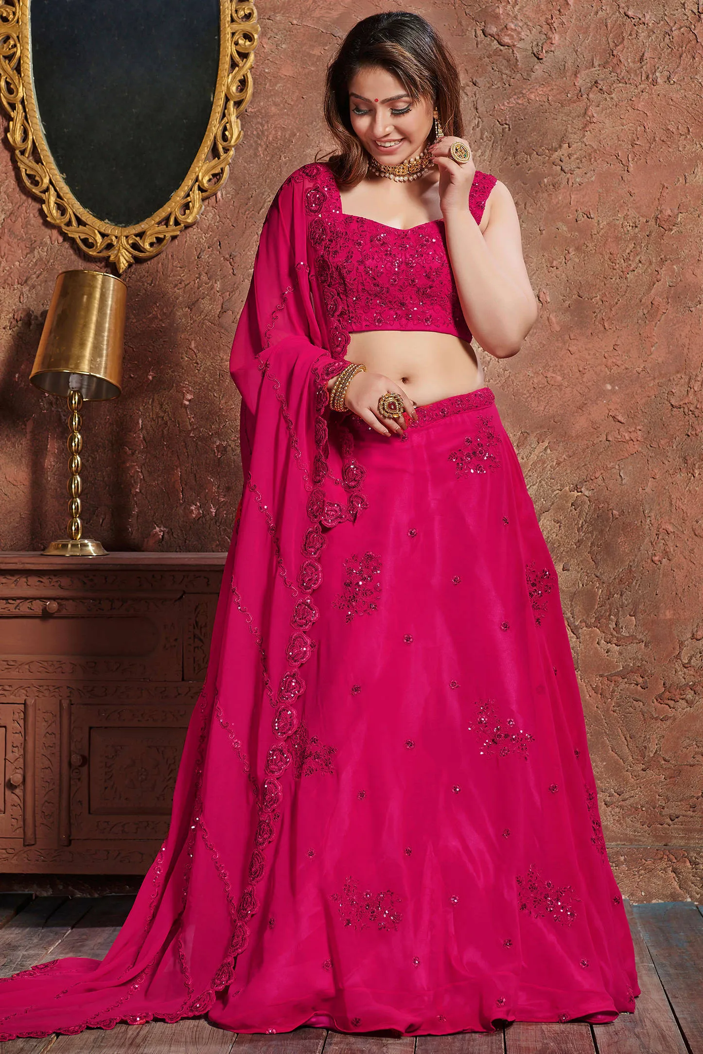 Alluring Pink Sequins Embroidered Georgette Wedding Lehenga Choli