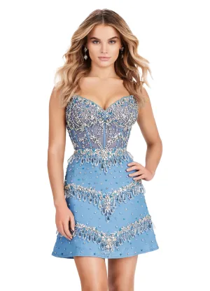 Ashley Lauren 4659 Corset Denim Spaghetti Strap Cocktail Dress Crystal Beading Formal