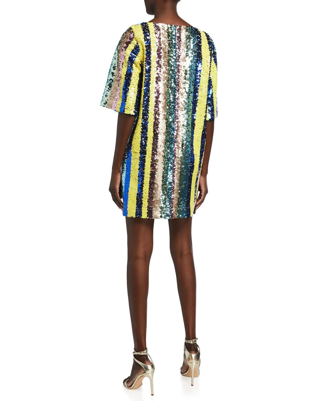 Badgley Mischka One33 Sequin Multi-Stripe Elbow-Sleeve Mini Dress