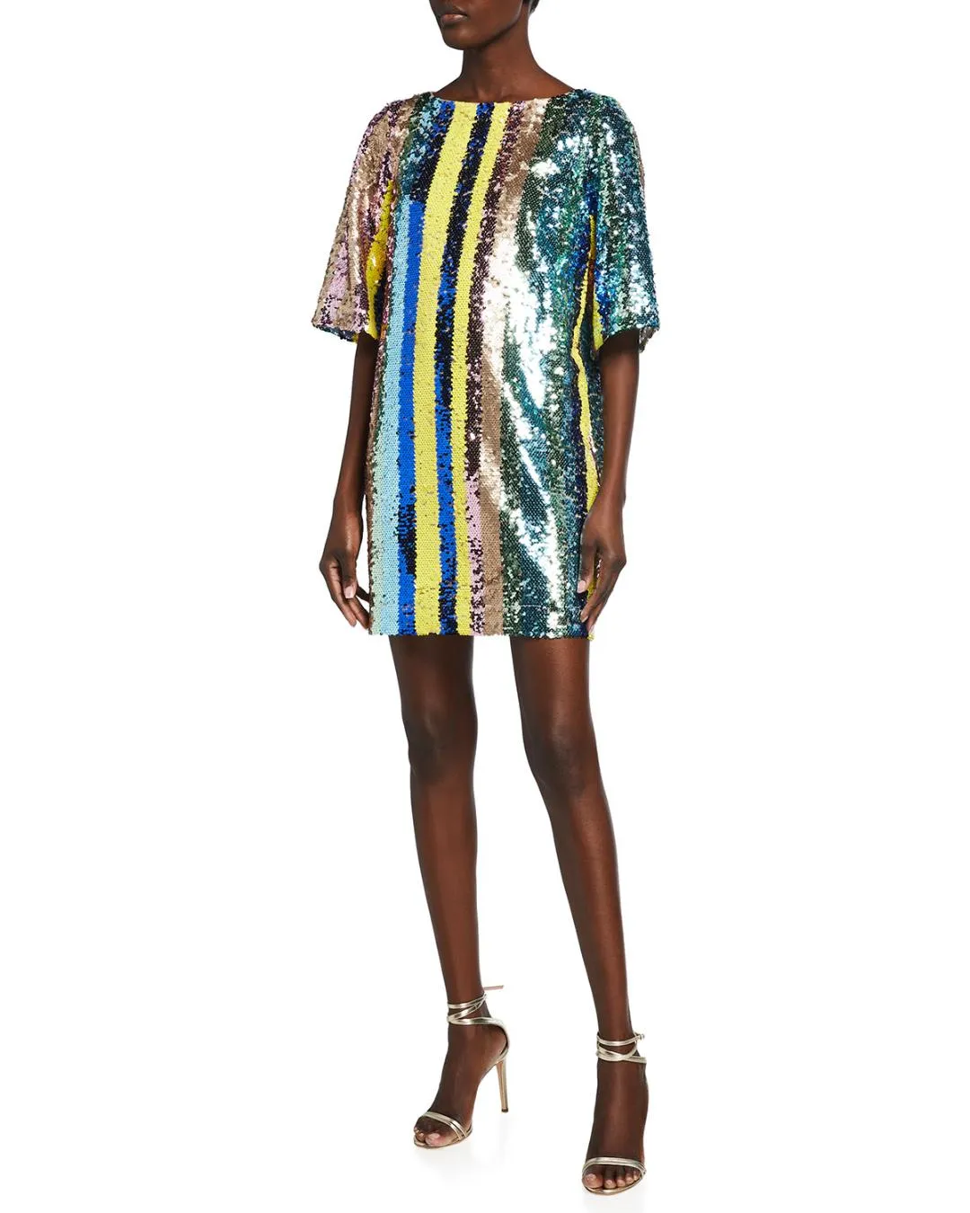 Badgley Mischka One33 Sequin Multi-Stripe Elbow-Sleeve Mini Dress