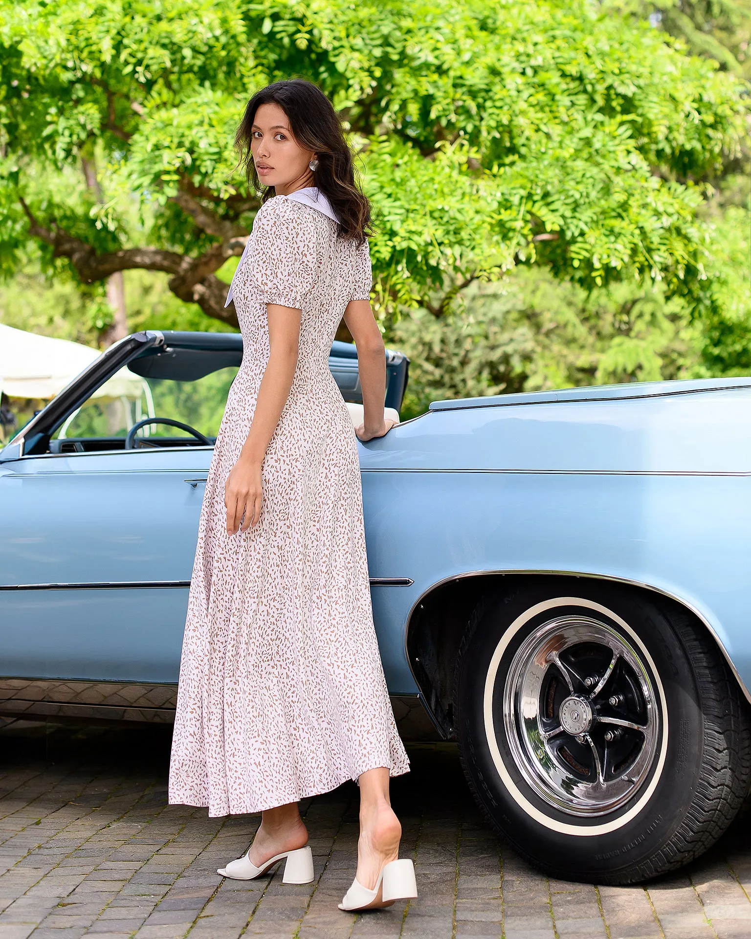 Beige Floral-Print Collared Sleeve Midi Dress