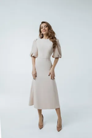 Beige Puff Sleeve Midi Dress