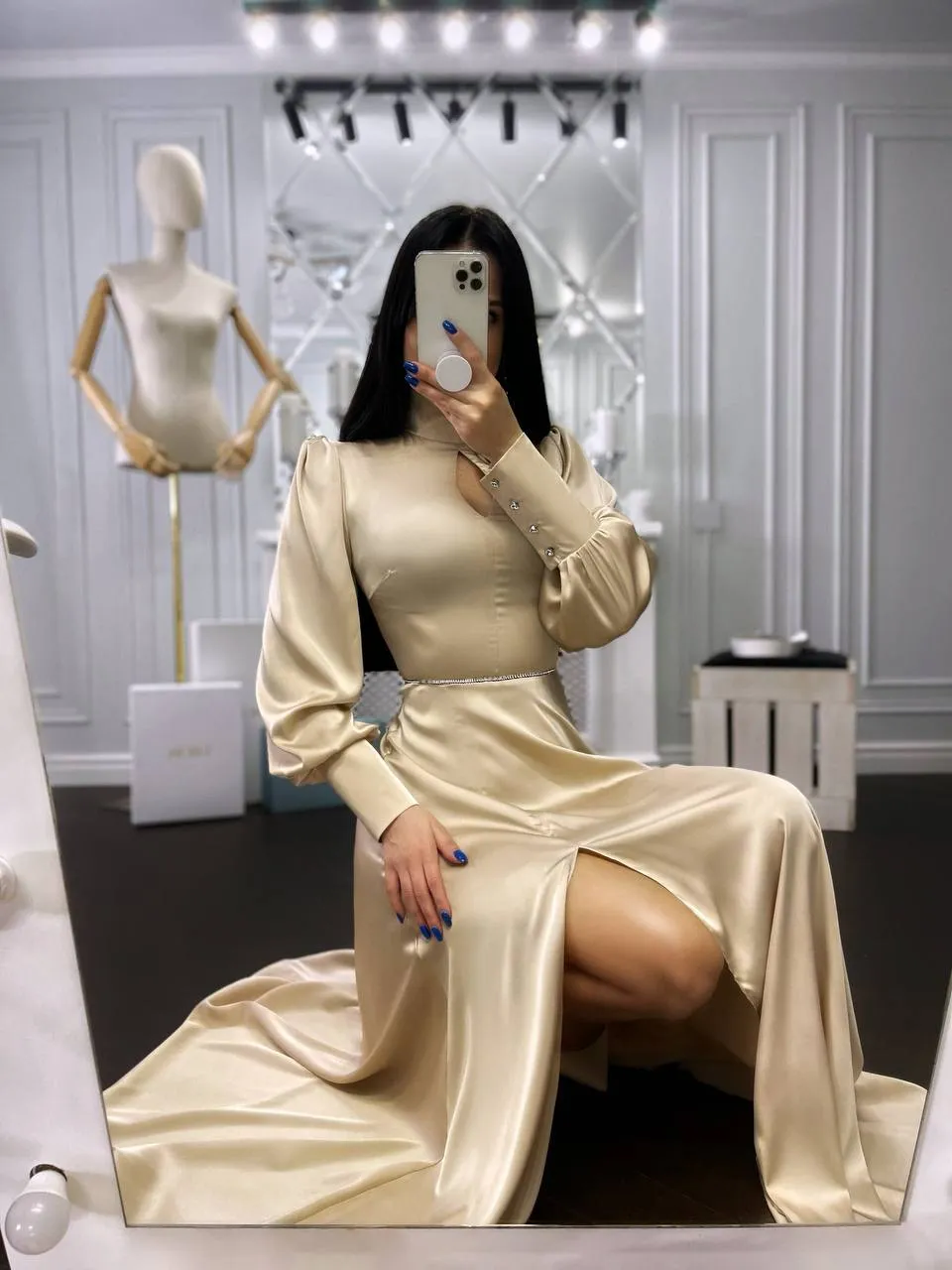 Beige Puff-Sleeve Turtleneck Maxi Dress