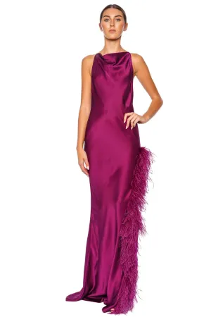 Berry Feather Trim Satin Halter Gown