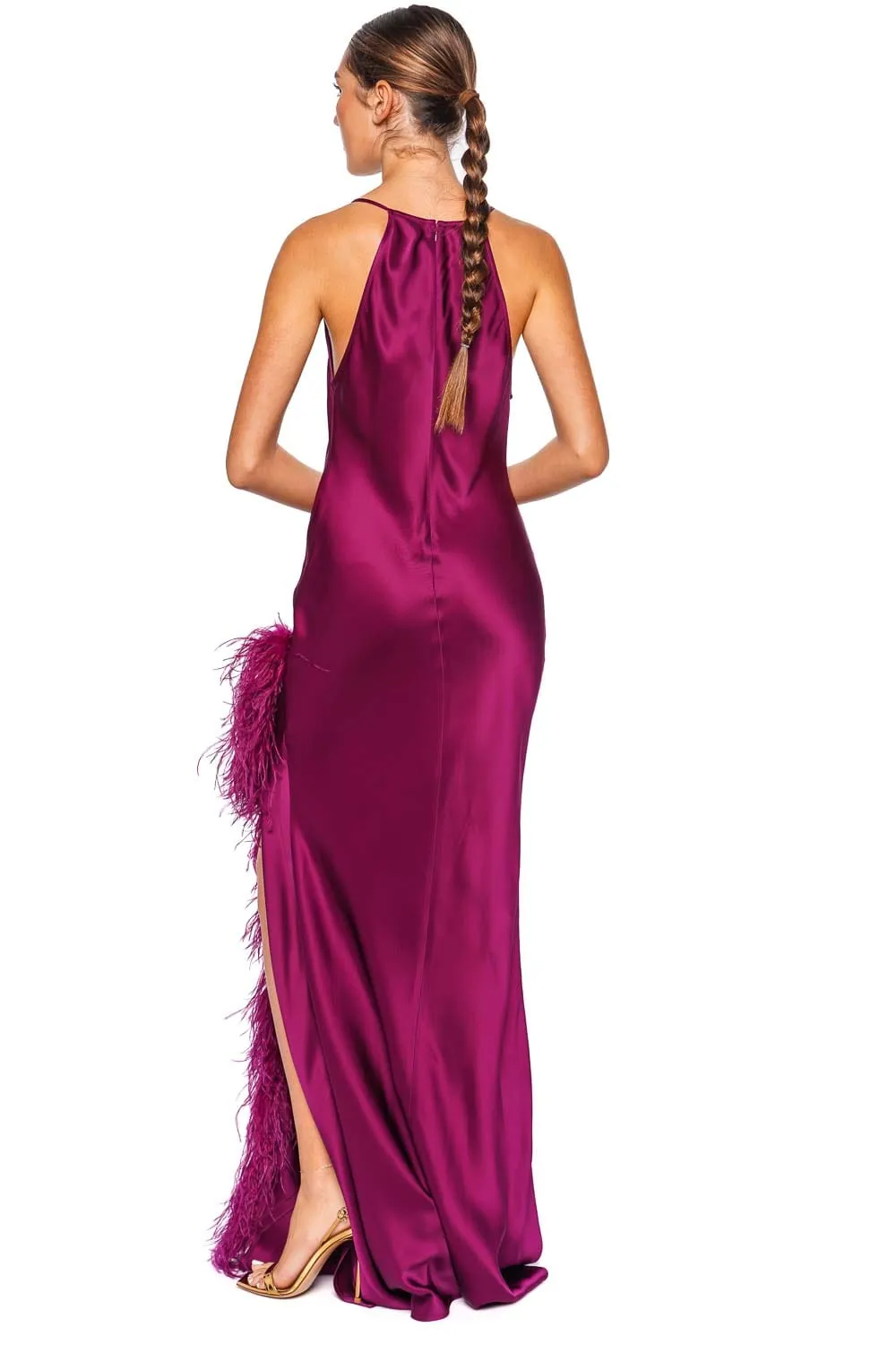 Berry Feather Trim Satin Halter Gown