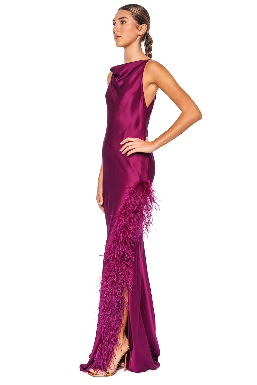 Berry Feather Trim Satin Halter Gown