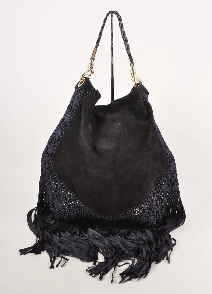 Black and Navy Suede Leather Crochet Fringe Trim "Shawna" Hobo Bag