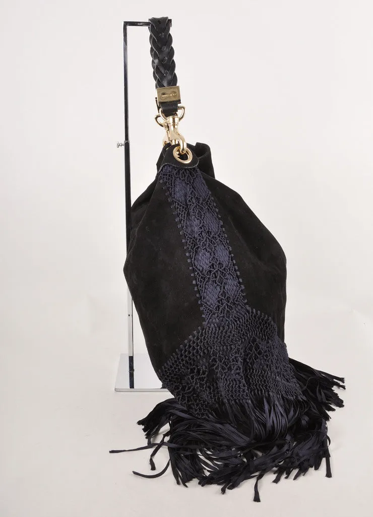 Black and Navy Suede Leather Crochet Fringe Trim "Shawna" Hobo Bag