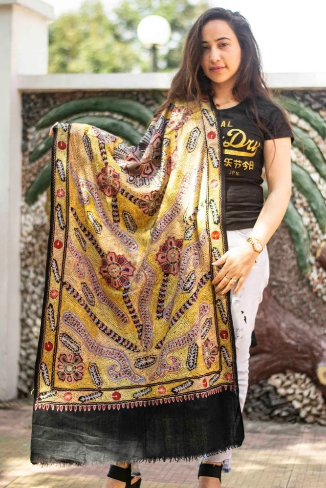 Black Colour Stole With Kashmiri  Embroidery Compliments The Wearer For Owning A Unique Accessory.