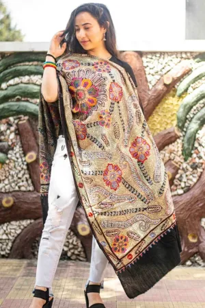 Black Colour Stole With Kashmiri  Embroidery Compliments The Wearer For Owning A Unique Accessory.