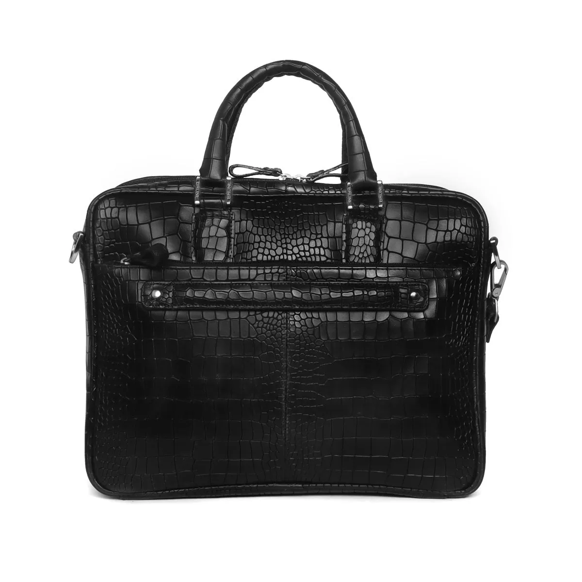 Black Deep Cut Textured Leather Laptop/Office Bag with Silver Accessories By Brune & Bareskin