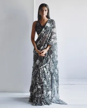 Black Garden Printed Ruffle Sari Set