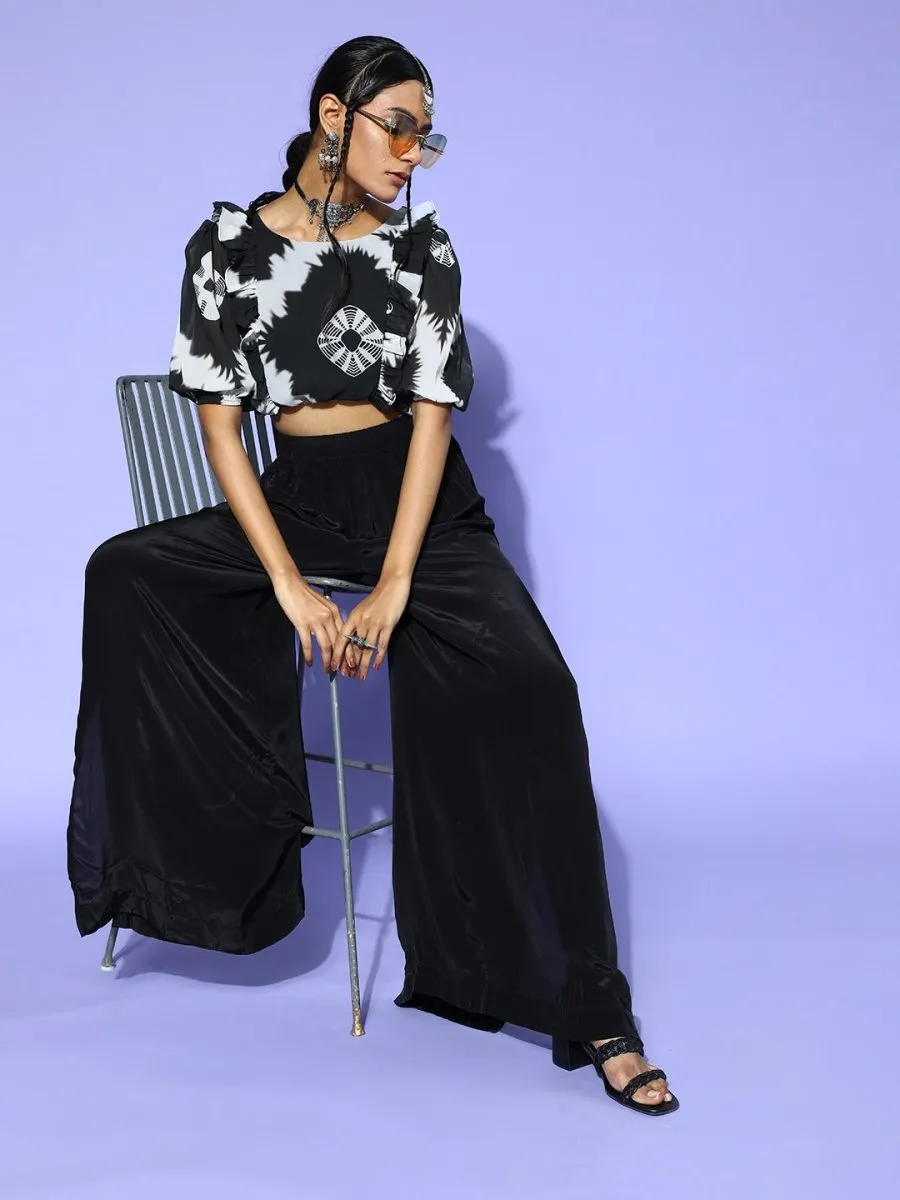 Black Polyester Printed Crop Top