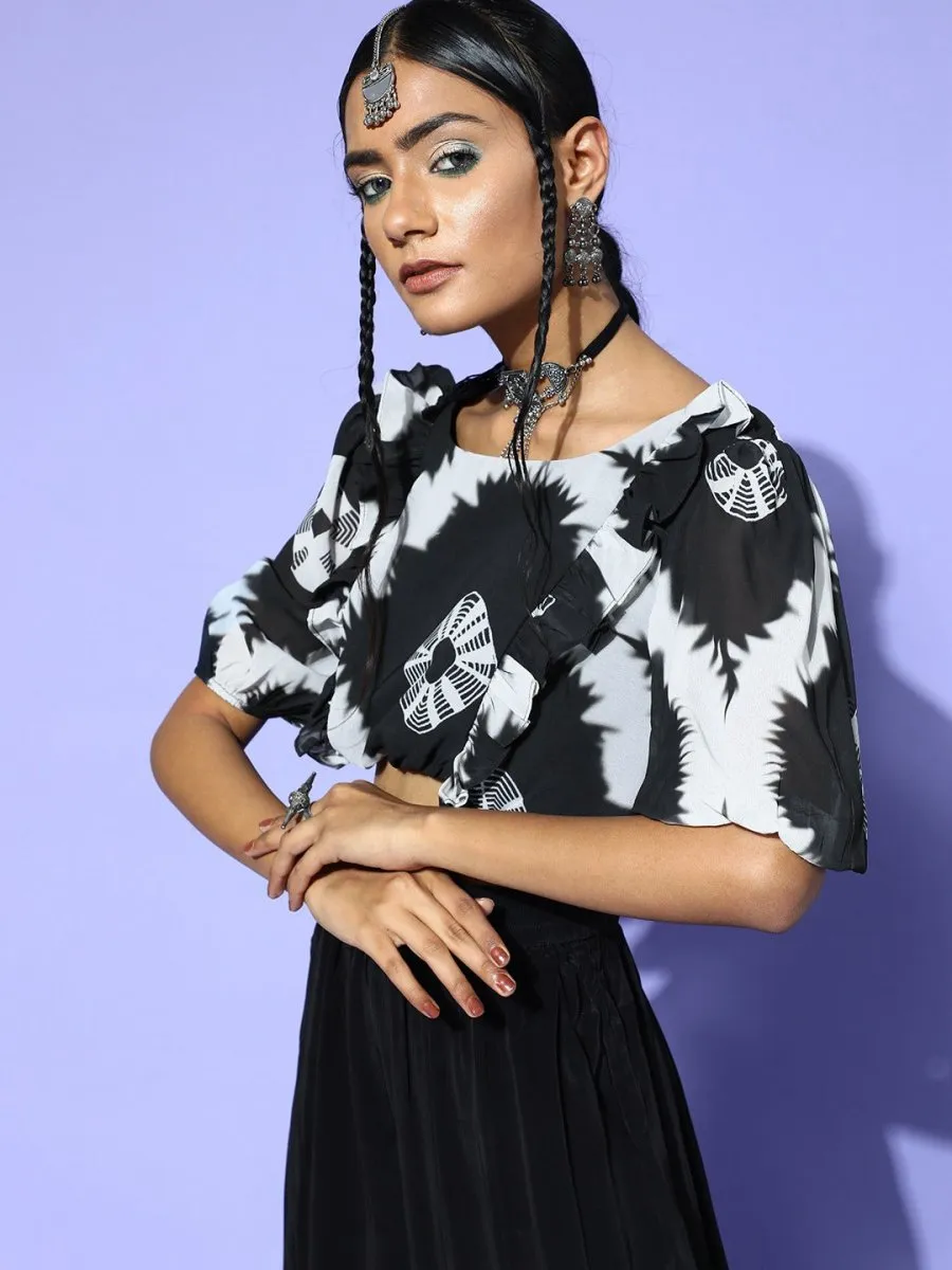 Black Polyester Printed Crop Top