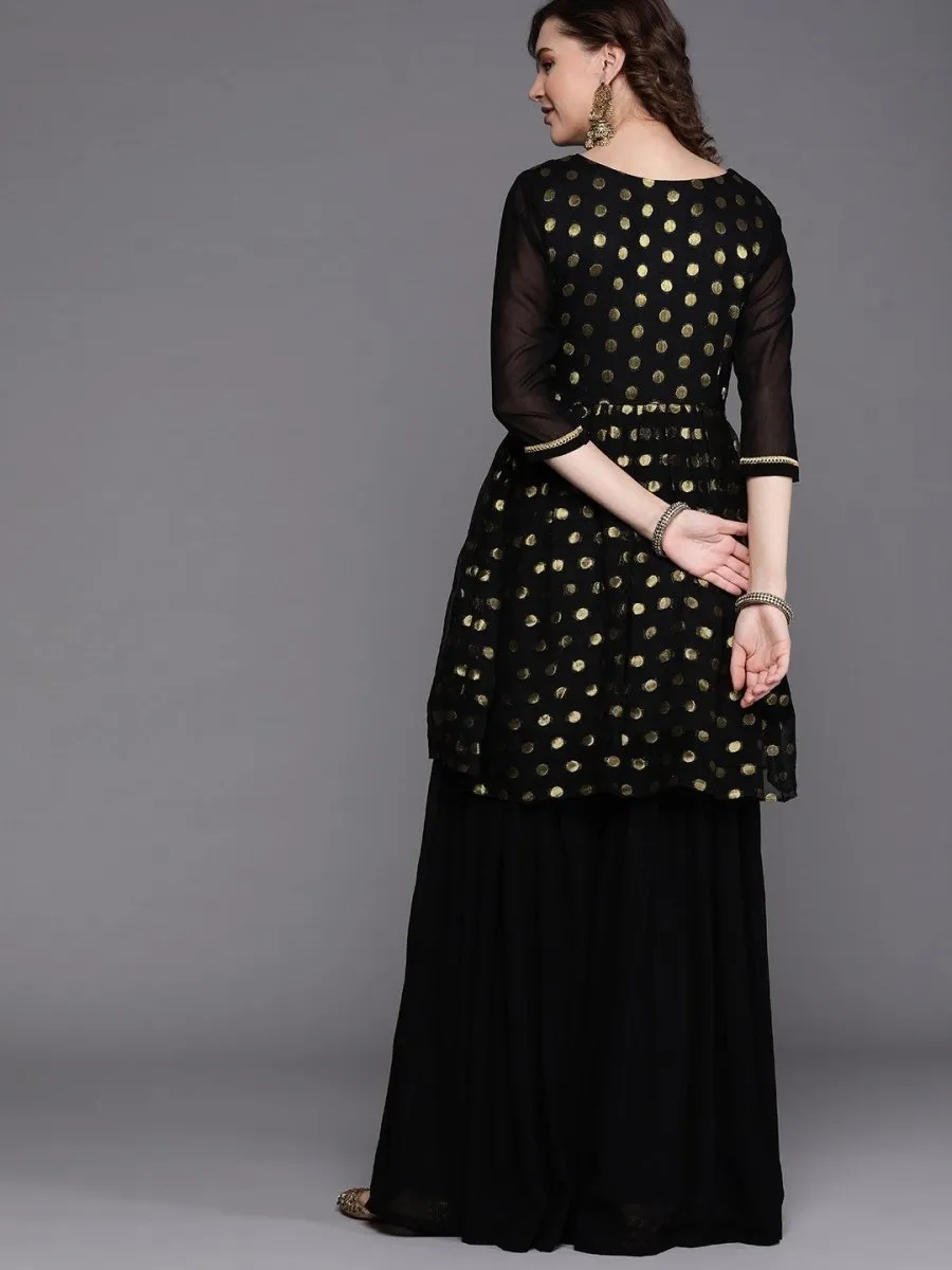 Black Zari Woven Polka dot Kurta with Layered Sharara