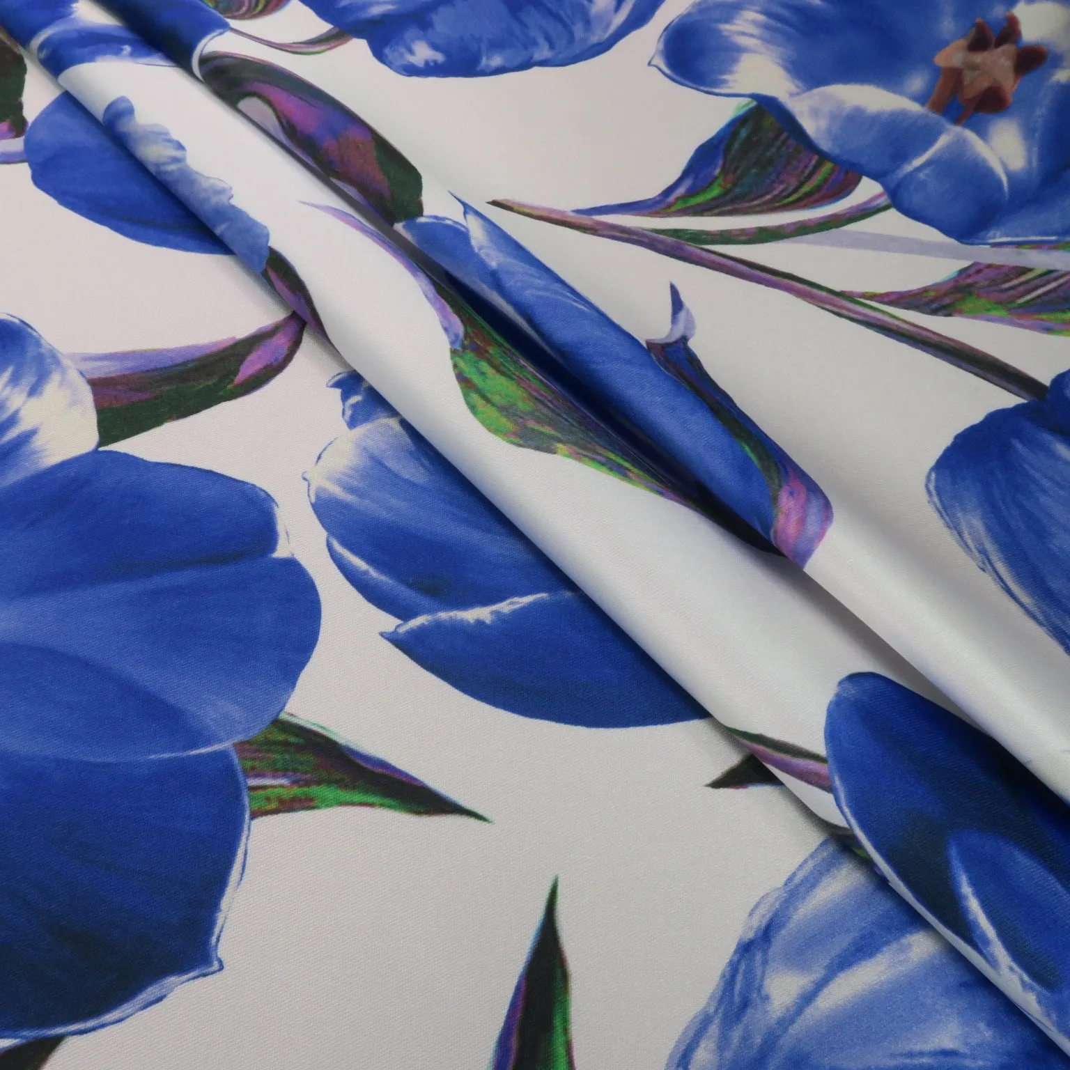 Blue Floral on White Background Printed Polyester Mikado Fabric