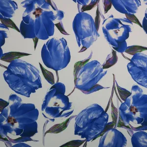 Blue Floral on White Background Printed Polyester Mikado Fabric