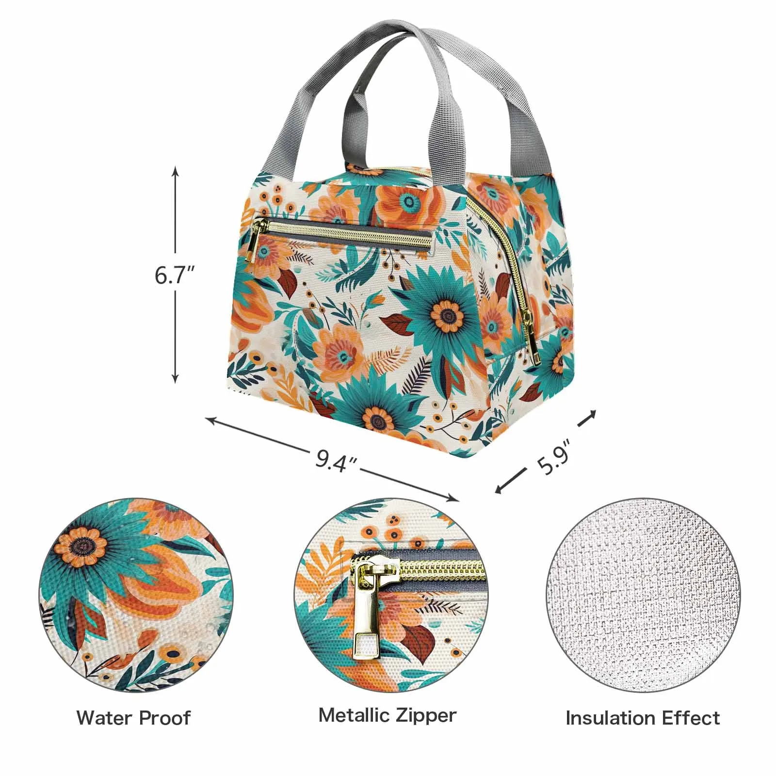 Boho Retro Floral  Portable Lunch Bag-Grey Handle